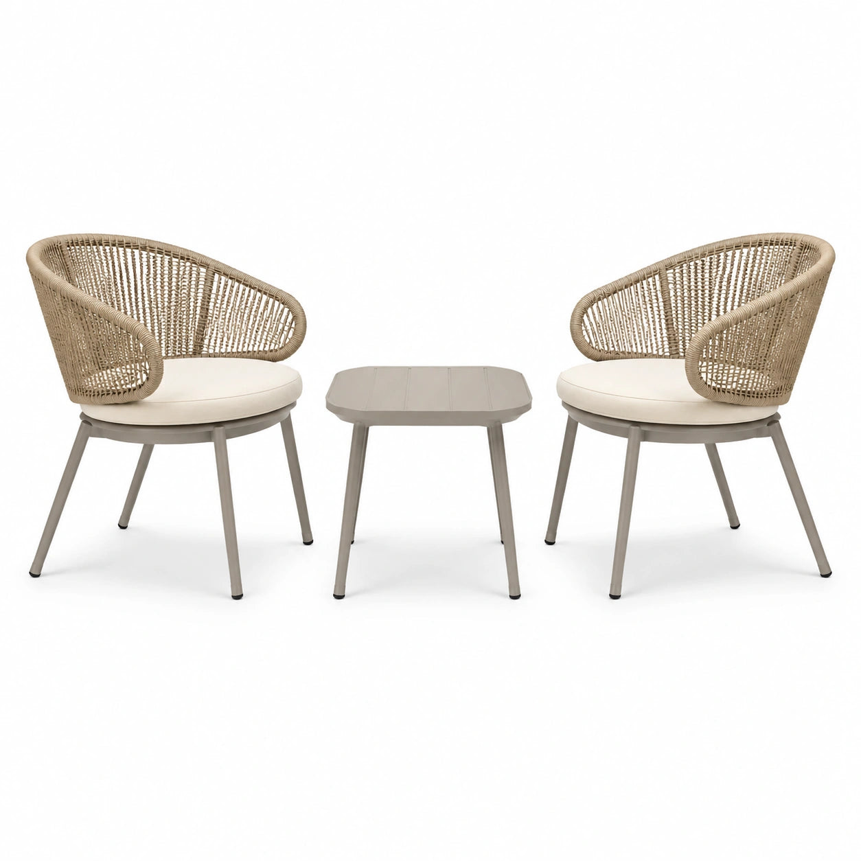 Set bistrot giardino 3 pezzi in metallo e rattan con cuscini rotondi beige