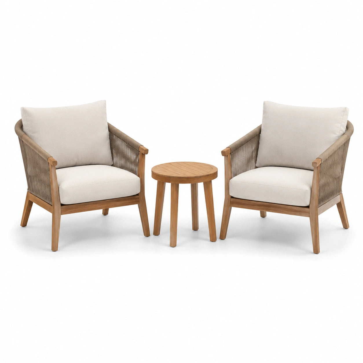 Set da giardino in legno con 2 poltrone in corda e cuscini beige