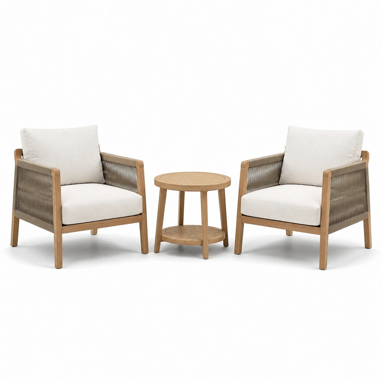 Set da giardino in legno con poltrone e tavolino rotondo, beige