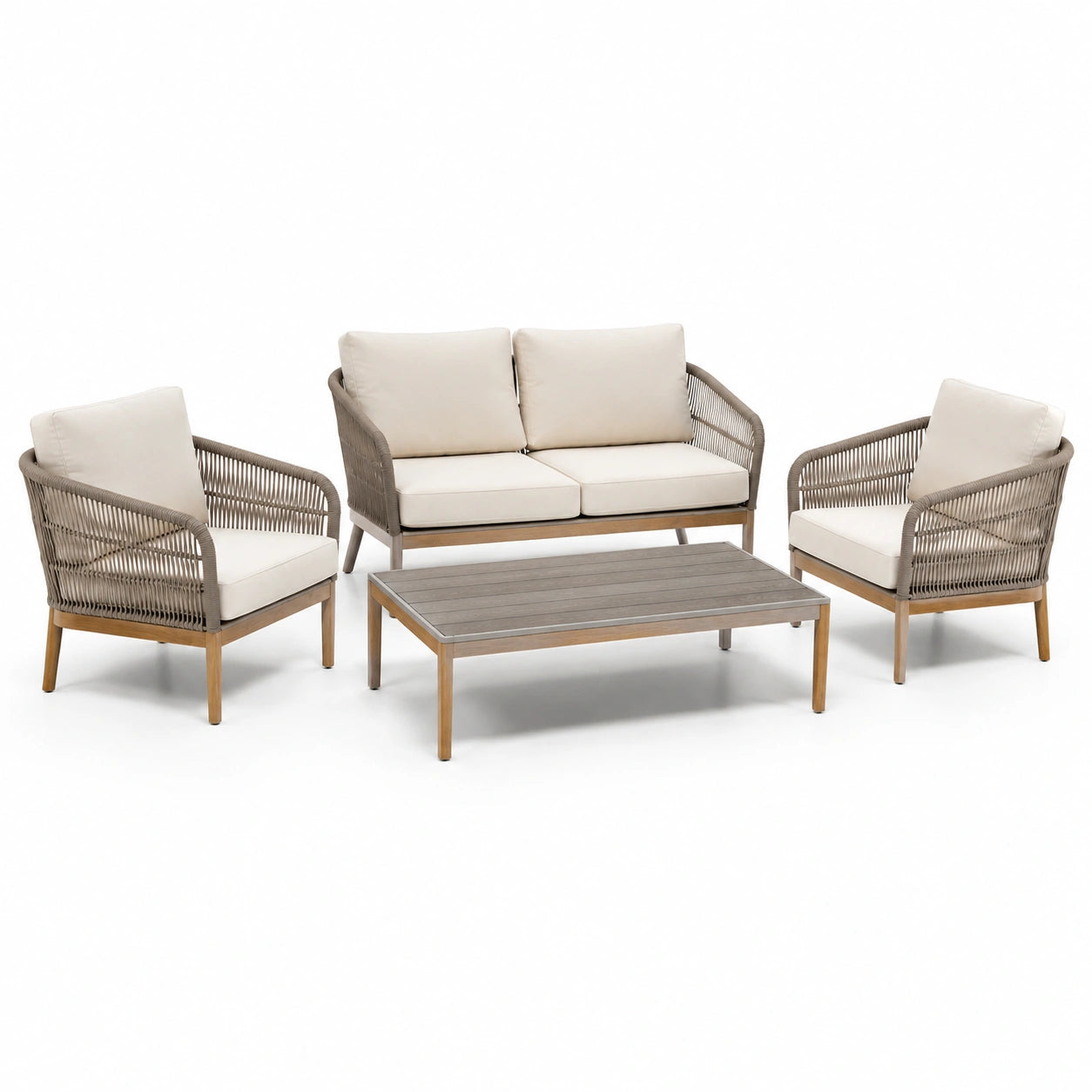 Set da salotto in legno e corda con cuscini beige