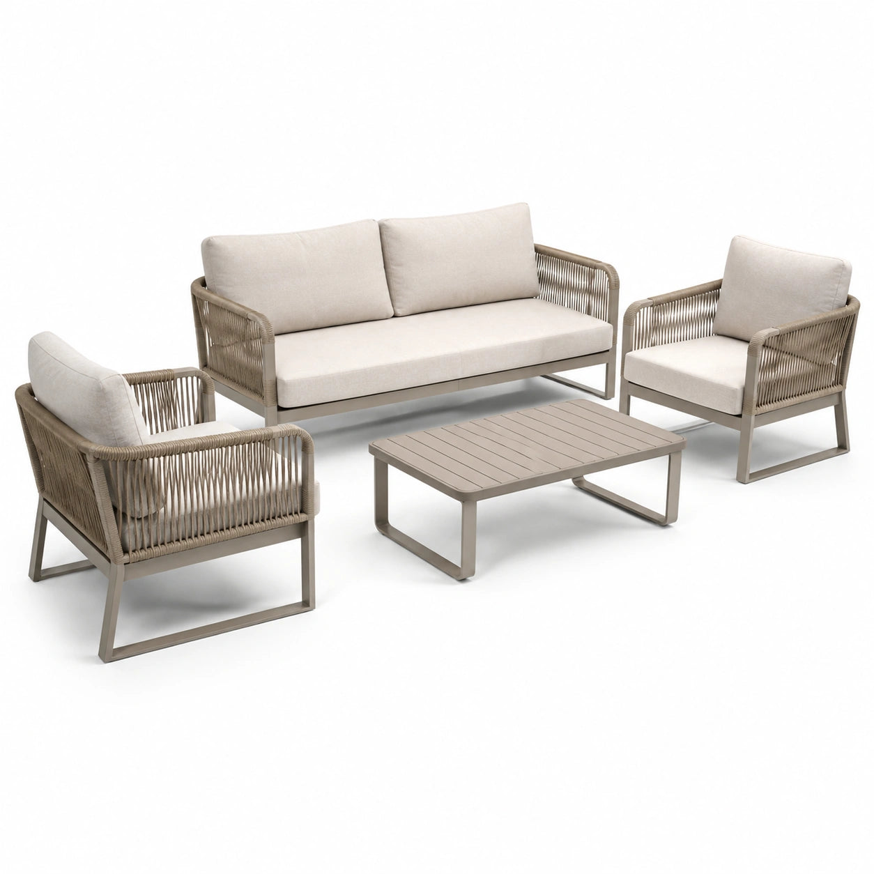Set salotto da giardino in alluminio e corda con cuscini in poliestere beige