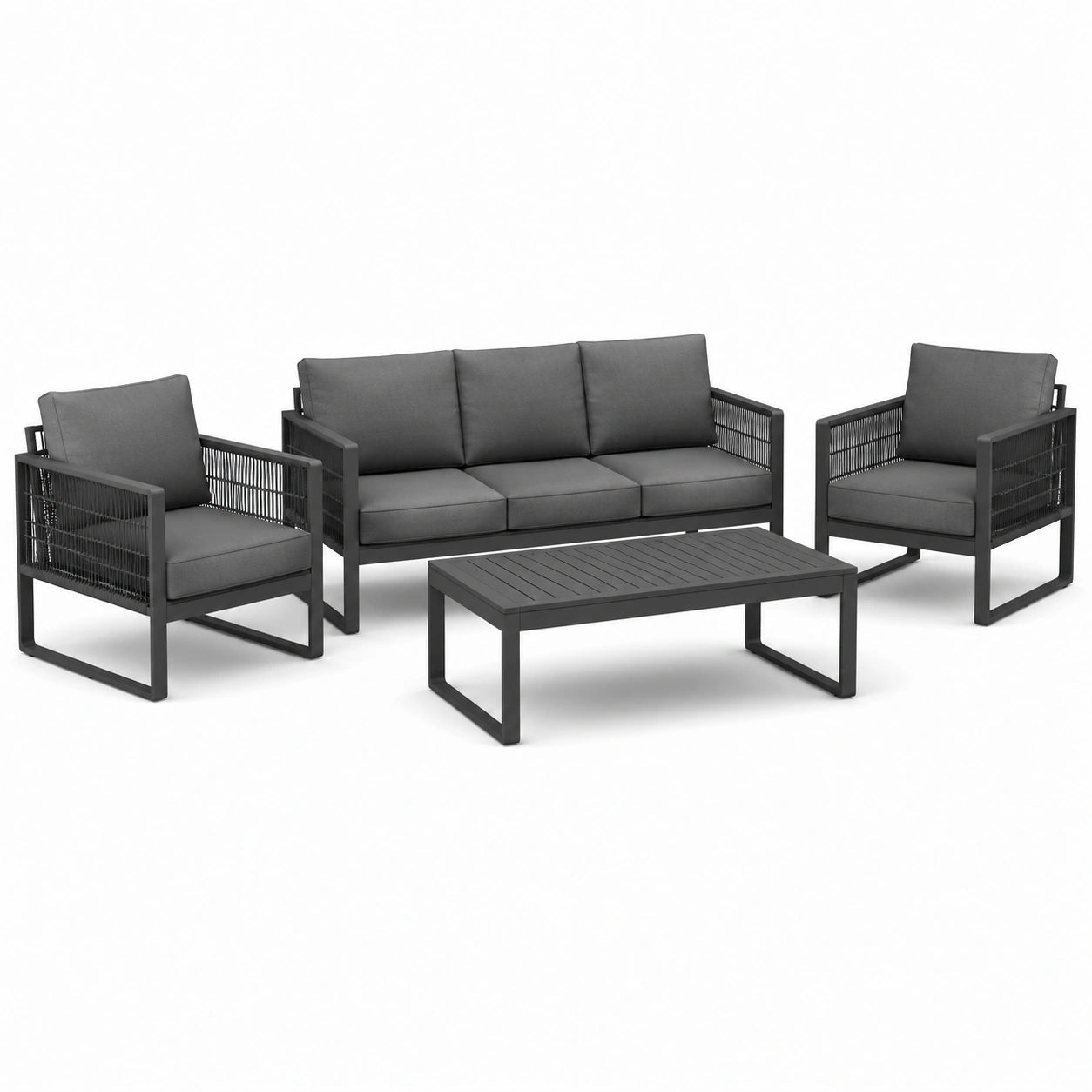 Set salotto da esterno in metallo e corda con cuscini grigi