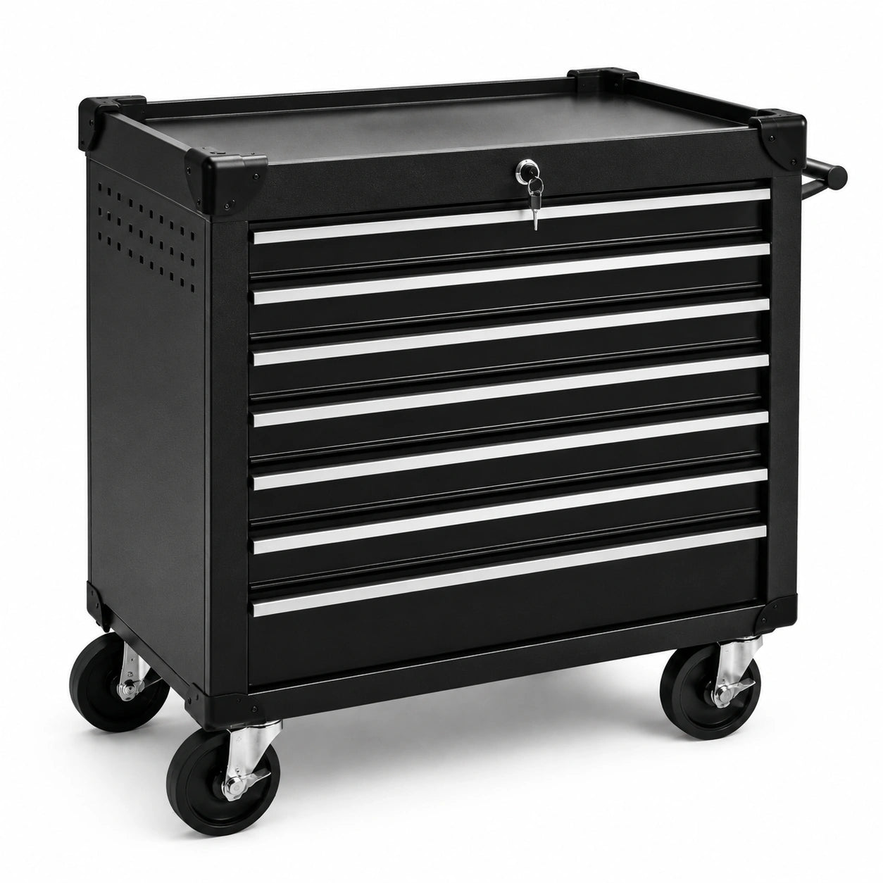 Carrello portautensili in metallo nero con ruote e 7 cassetti
