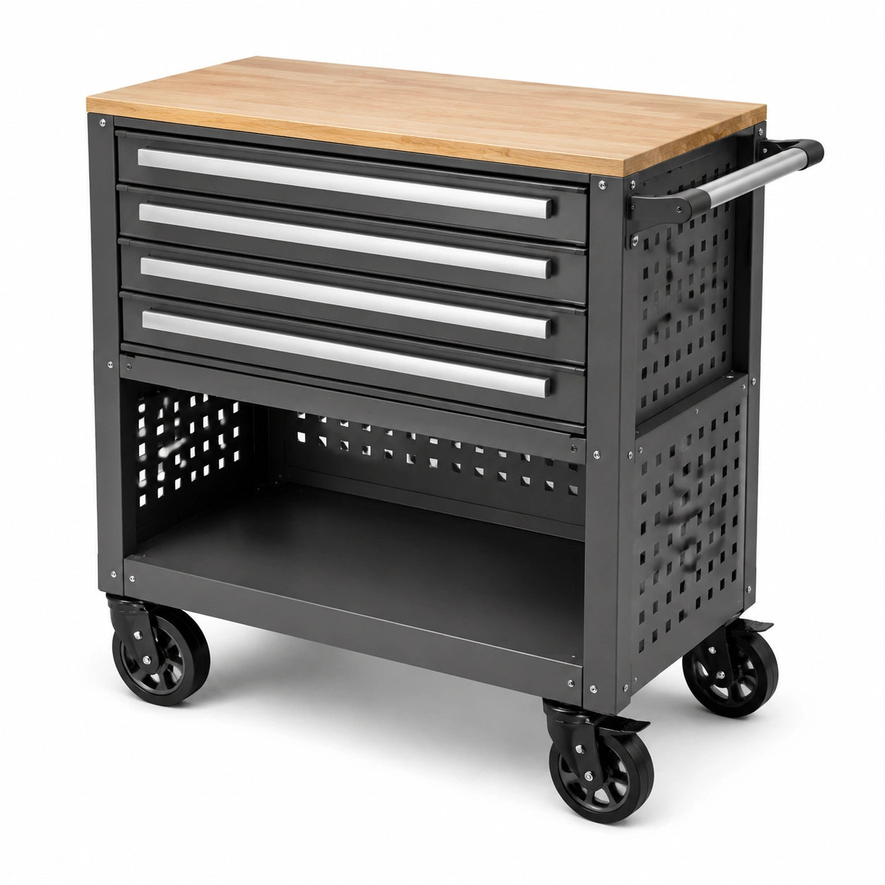 Carrello portautensili in metallo con piano in legno di faggio 4 cassetti