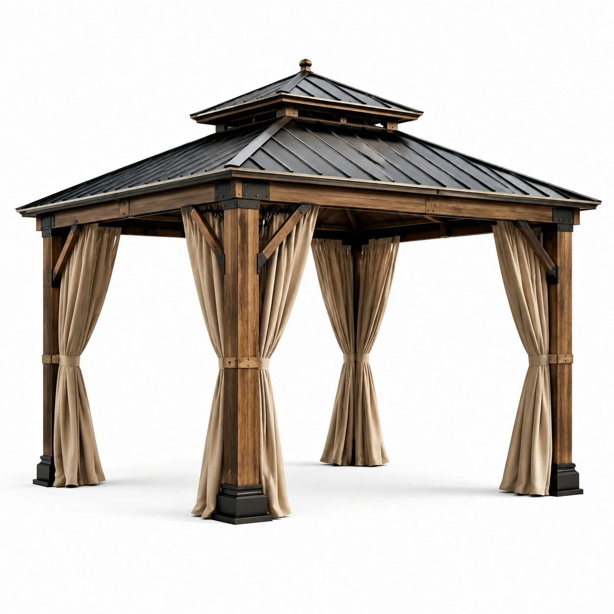Gazebo in Legno di Cedro con Tetto in Alluminio e Tende in Poliestere