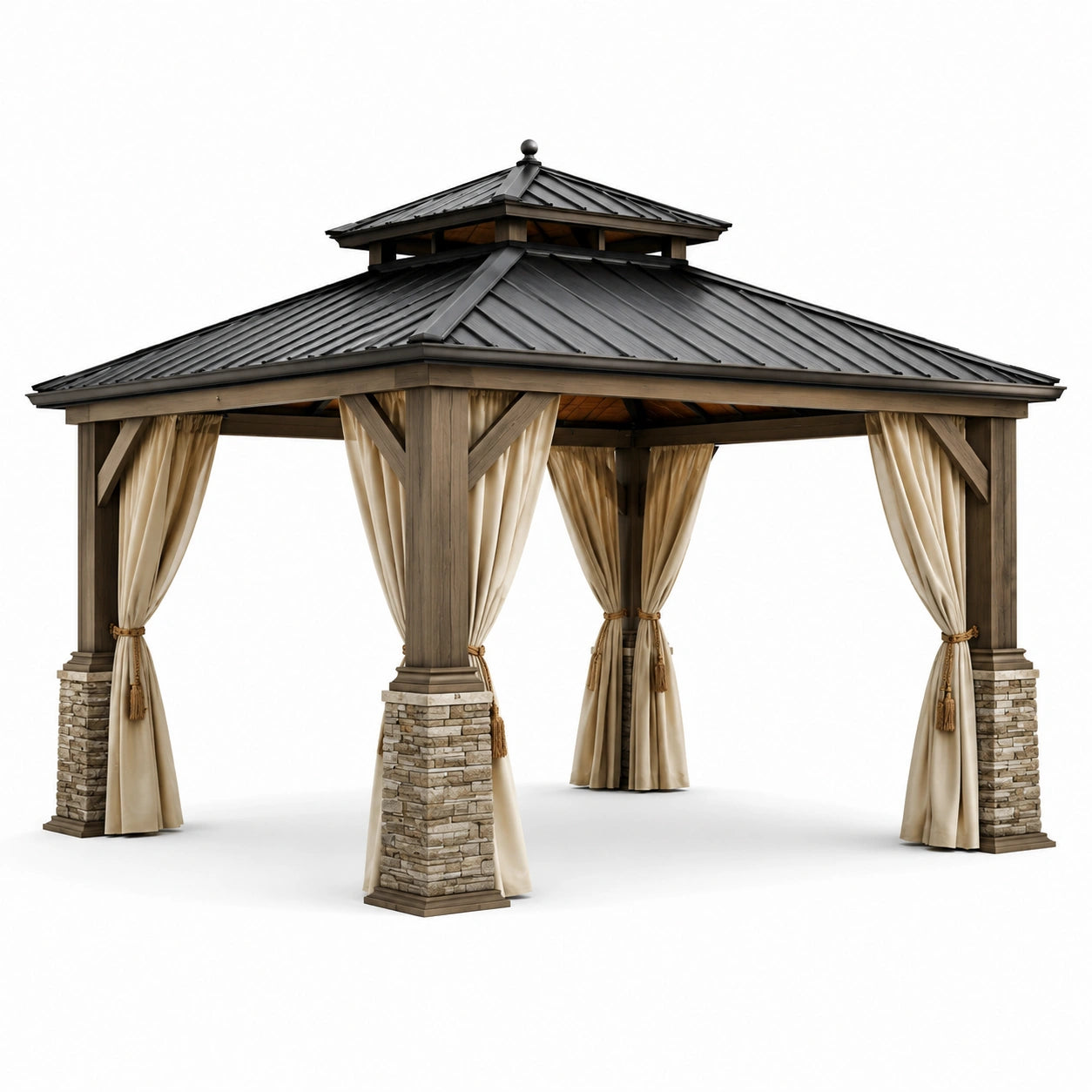 Gazebo in legno massello e acciaio zincato con tende in poliestere