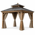 Gazebo in legno con tetto in metallo e tende color beige 300x300x300 cm