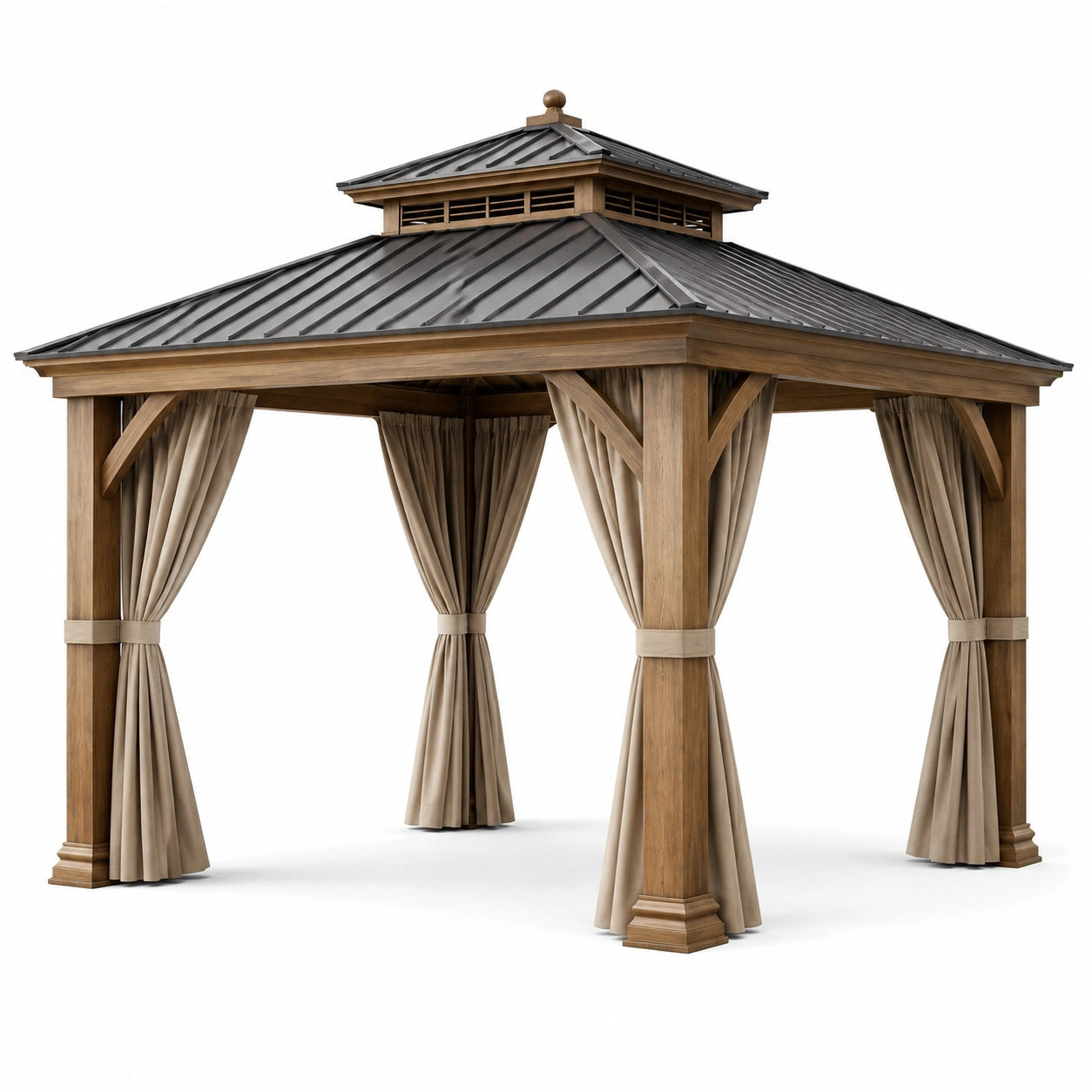 Gazebo in legno con tetto in metallo e tende color beige 300x300x300 cm