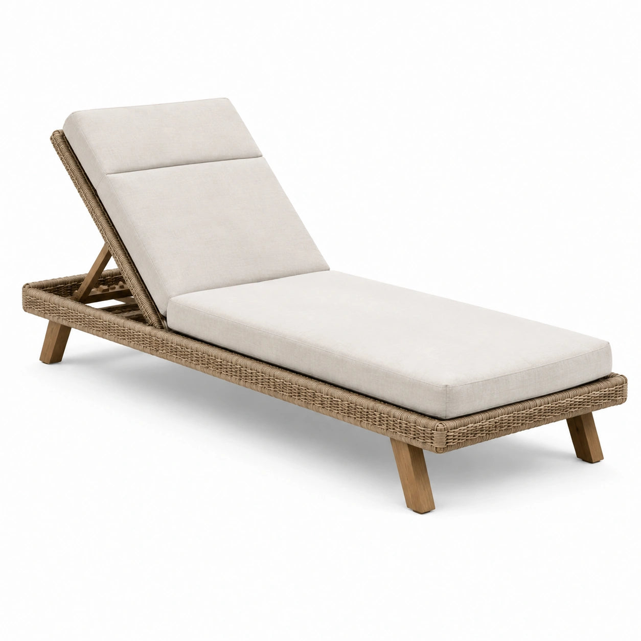 Lettino prendisole in rattan e teak con cuscini regolabili beige