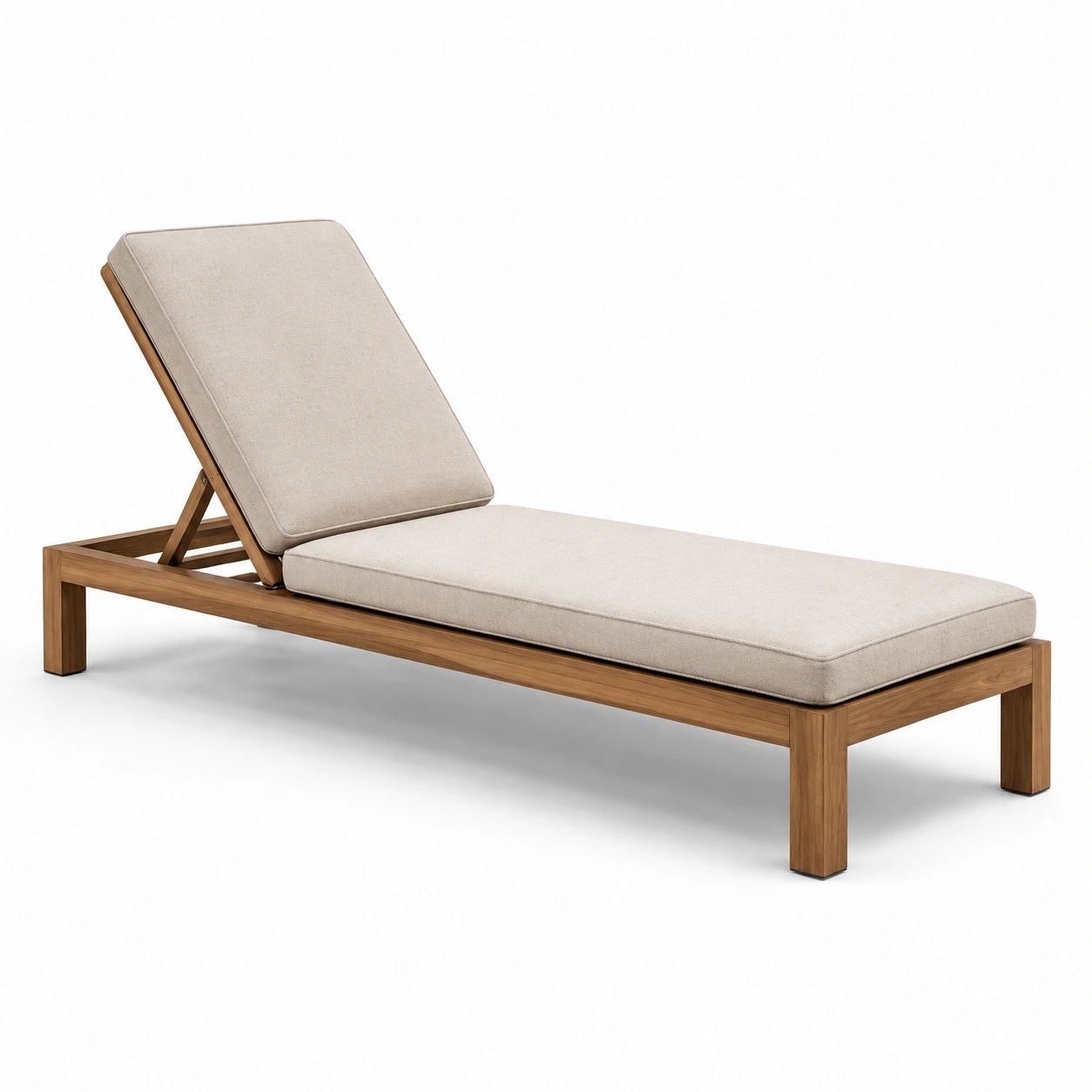 Lettino prendisole in legno di teak e tessuto beige
